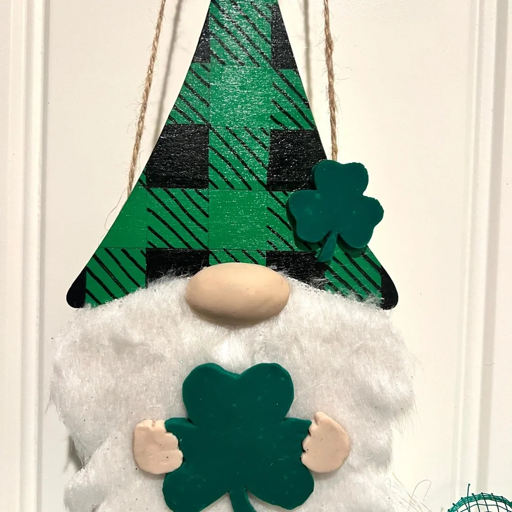 12 inch St. Pats Shamrock Gnome Ribbon, Clay Wreath Rail Handmade/ Painted SPGR1
